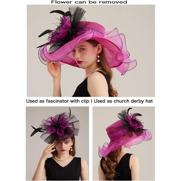 Women's Kentucky Derby Church Dress Hat 03-rose-carmine - Picture 2 of 6